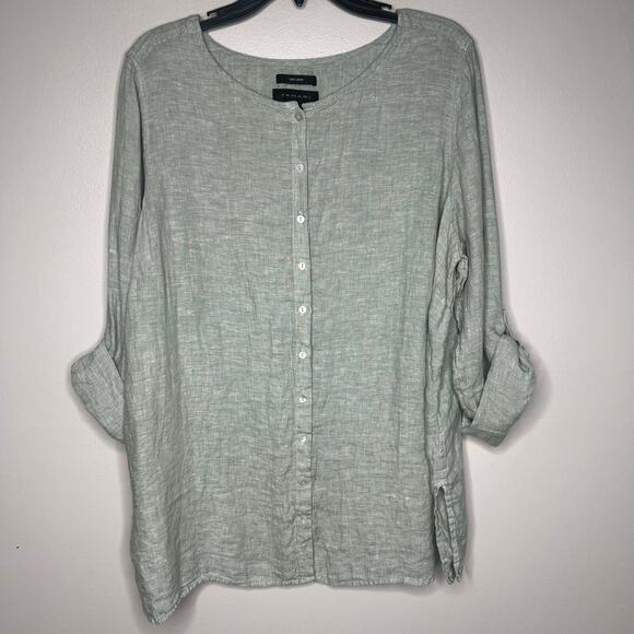 Tahari Women's 1X 100% Linen Tunic Top Sage Green Roll Tab Sleeve Lightweight - Picture 1 of 9